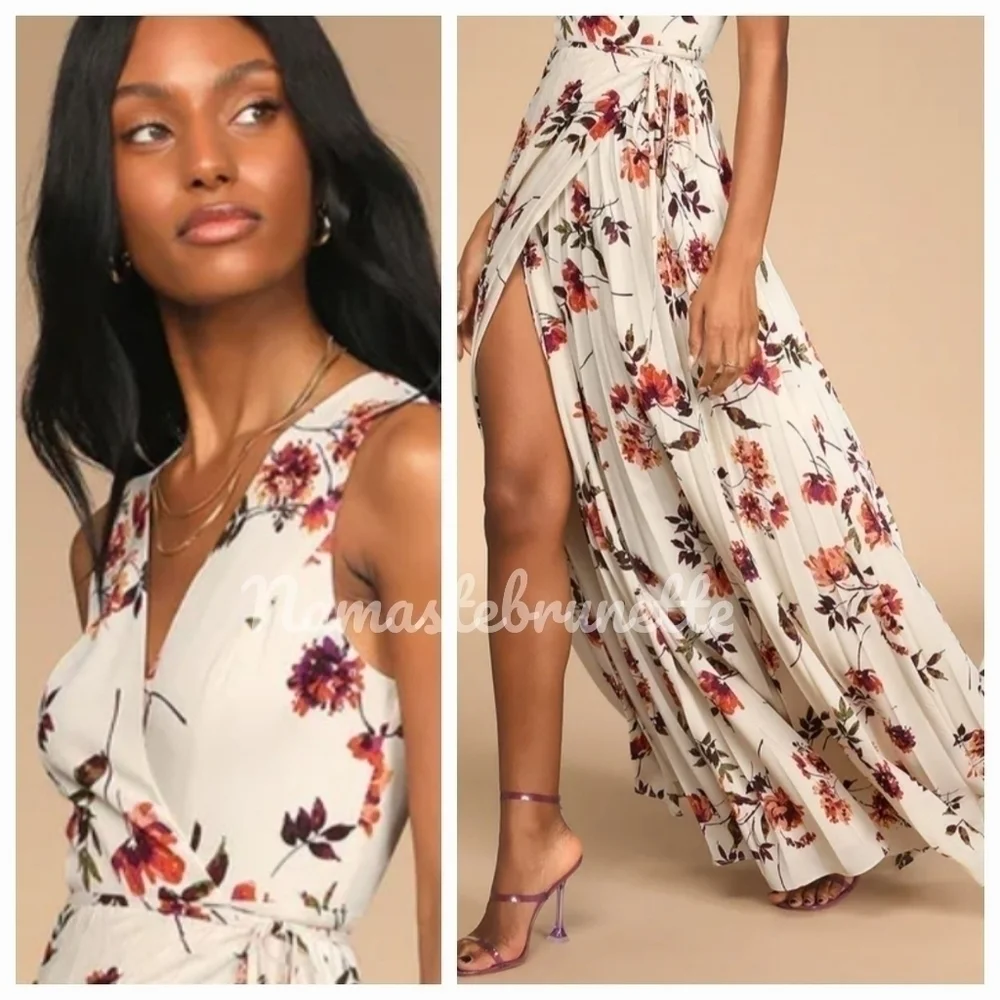 Nwt Lulu's Small Boho Ivory Multi Floral Print Pleated Wrap Maxi Dress - Picture 3 of 16